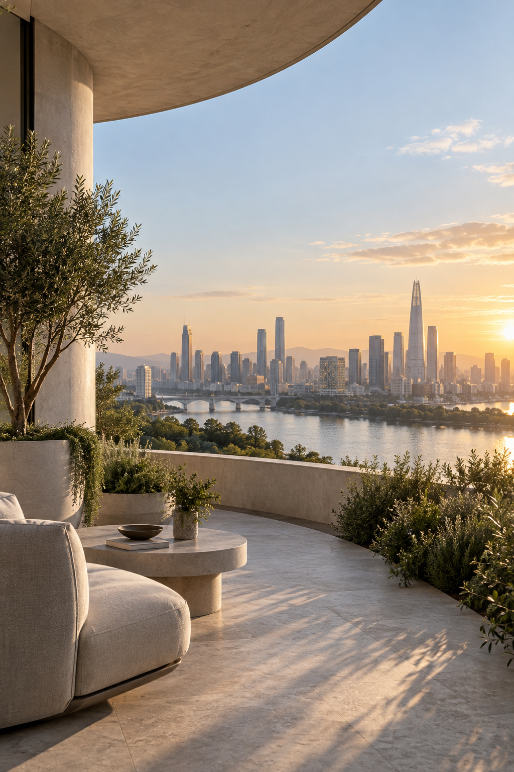 Contemporary city view from a calm planted terrace